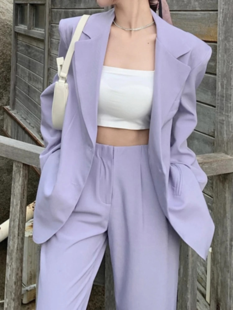 Autumn Women Purple Blazer Pantsuit Korean Fashion Vintage Loose Jacket Pants 2 Piece Set Female Business Casual Trousers Outfit 240813
