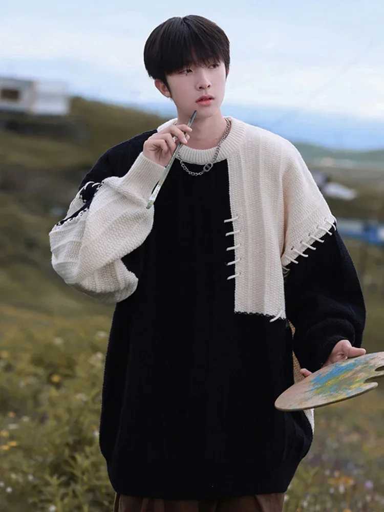 Knitted sweater mens Pullover oversized sweater mens winter Harajuku casual streetwear patch work autumn hip-hop splicingW240729