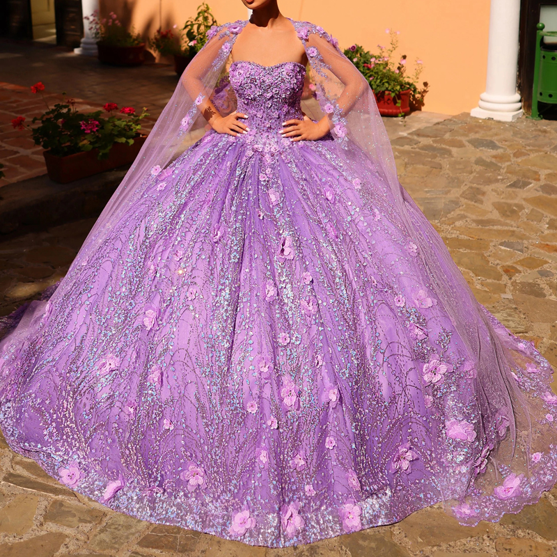 Luxury Lilac Mexican Quinceanera Dress Ball Gown 2025 With Cape Princess Prom Sweet 16 Dress Vestidos De XV Birthday Pageant Dress