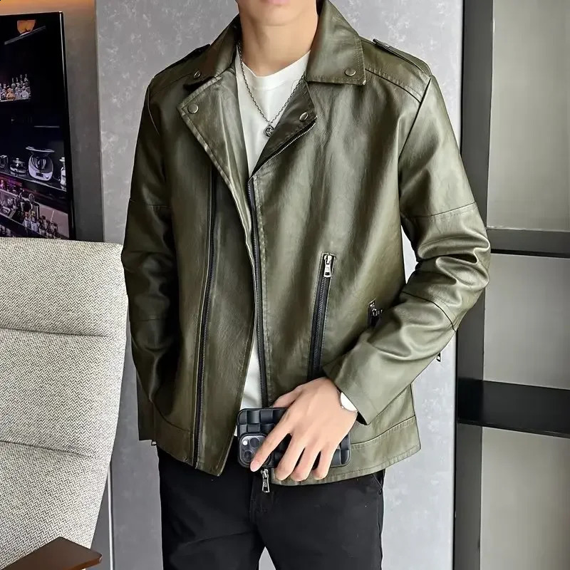 Trendy Korean Style Spring Autumn Mens Leather Jacket Slim Fit Casual Clothing Washing Pu Leather Biker Jacket For Men 240814