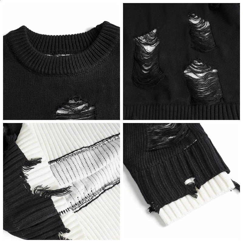 Ripped Oversize Baggy Sweater Grunge Men Women Gothic Dark Knitted Jumper Hip Hop Streetwear Pullover Loose Punk Holes Knitwear 240821