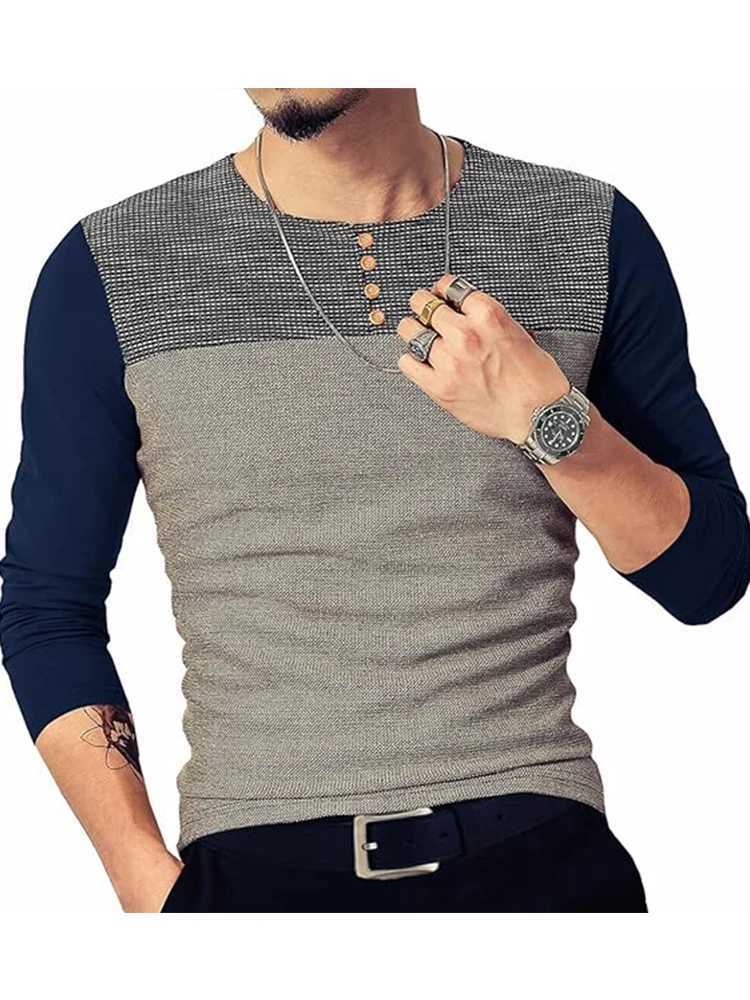 New Fashion Mens Slim Fitted Casual Long-Sleeve Button T-Shirts Contrast Color Stitching Top TeesM240814