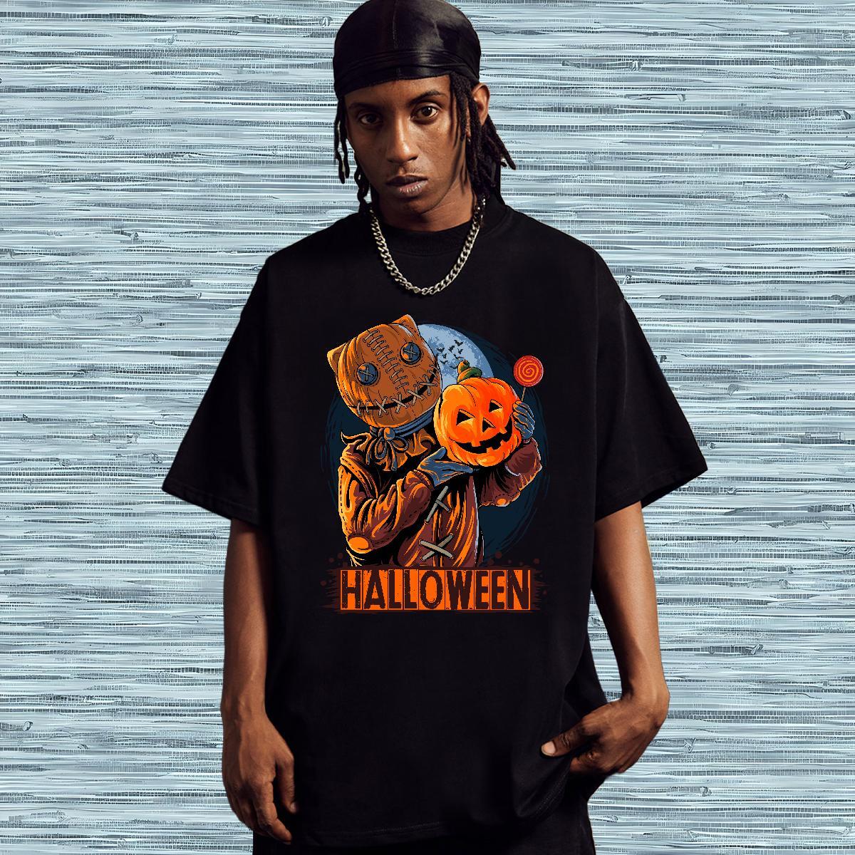 Comfortable T-Shirts for Men Halloween Round Neck Short Sleeve Spring Summer White Plus Size 230g 100% Cotton Men Tops Tees Fashion New Clothes