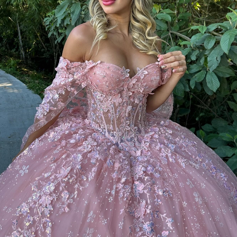 Pink Sparkly Crystal Appliques Quinceanera Dresses Ball Gown Off The Shoulder Beading Tull With Cape Sweet Vestidos De 15 Girls