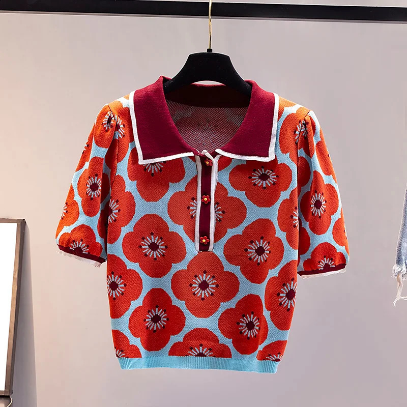 Summer Vintage Contrast Flower Jacquard Puff Sleeve Knitted Sweater Women Chic Button Thin Pullover Crop Top Pull Femme 240813