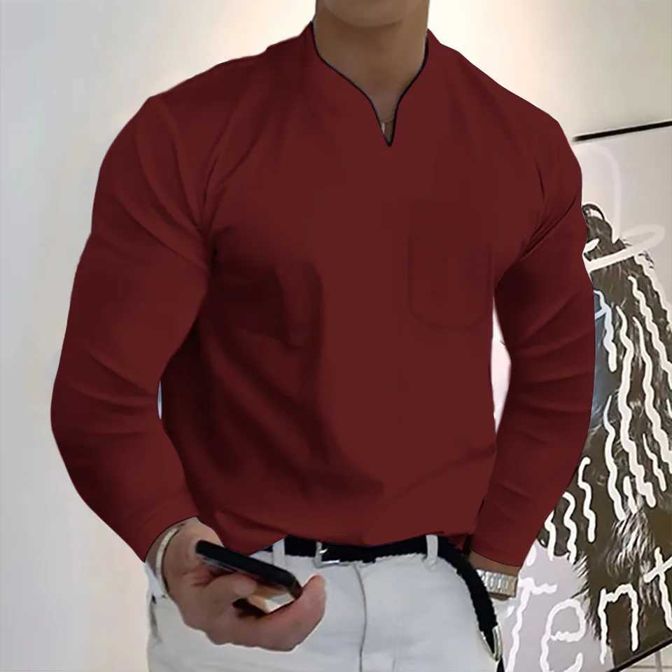 Spring Autumn Mens Long SLeeved Cotton Casual Mens T-shirt V-neck Shirt Male Breathable Pocket Shirts S-5XLM240814