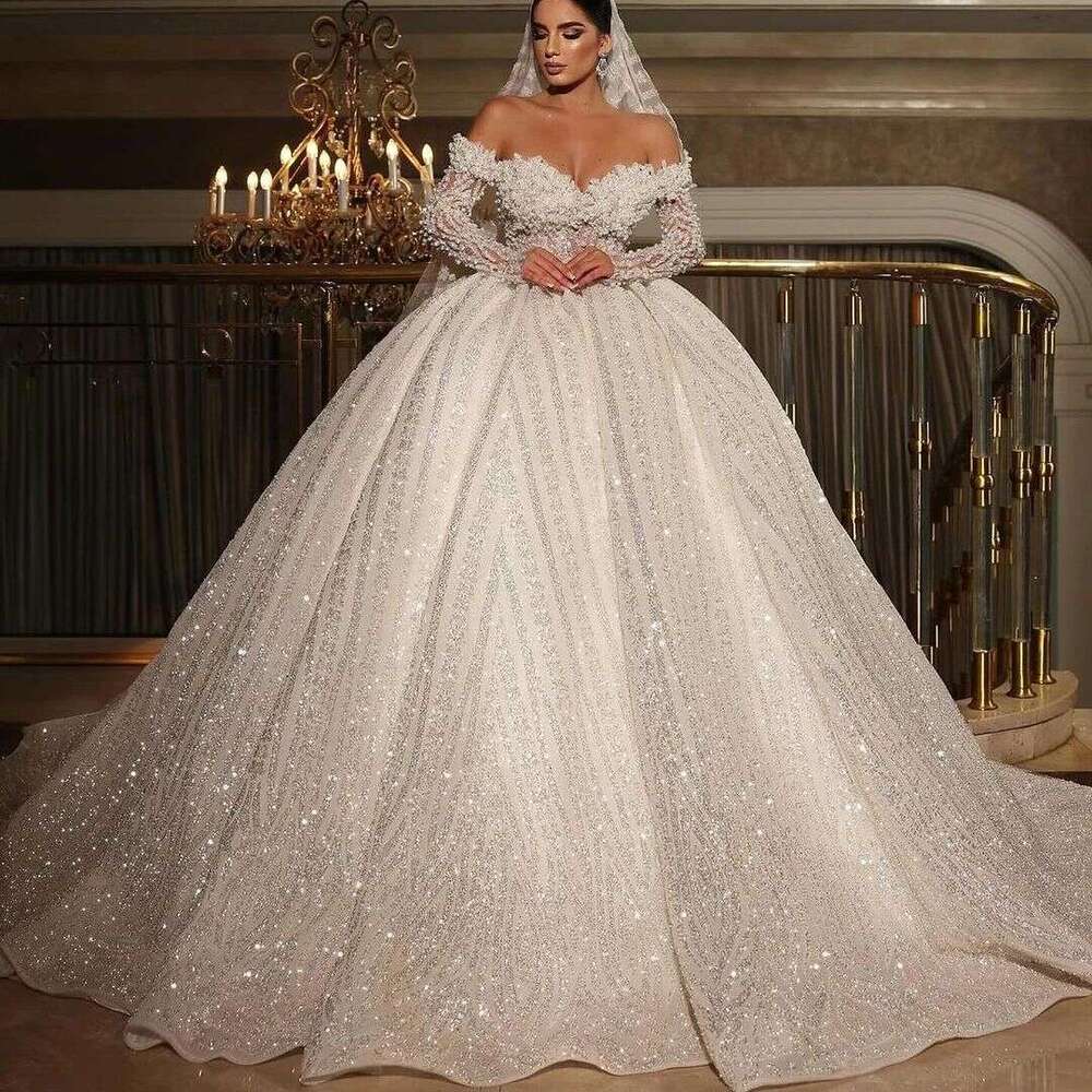 Dress Ball Wedding Beads Sequins Appliques Lace Princess Bridal Gown Off Shoulder Long Sleeves Vestido Custom Made