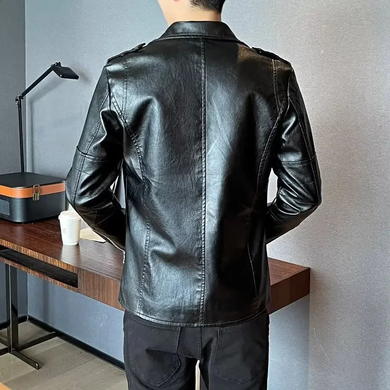 Trendy Korean Style Spring Autumn Mens Leather Jacket Slim Fit Casual Clothing Washing Pu Leather Biker Jacket For Men 240814