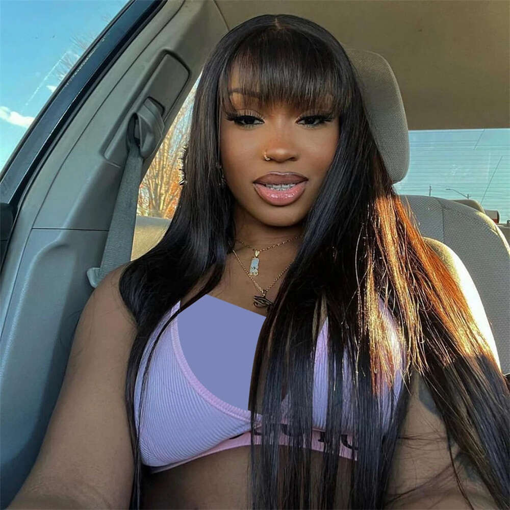 30 Inch Full Hine Made For Women Straight Human Hair With Bangs Brazilian Wigs On Sale Cheap Fringe Wig 180 Density