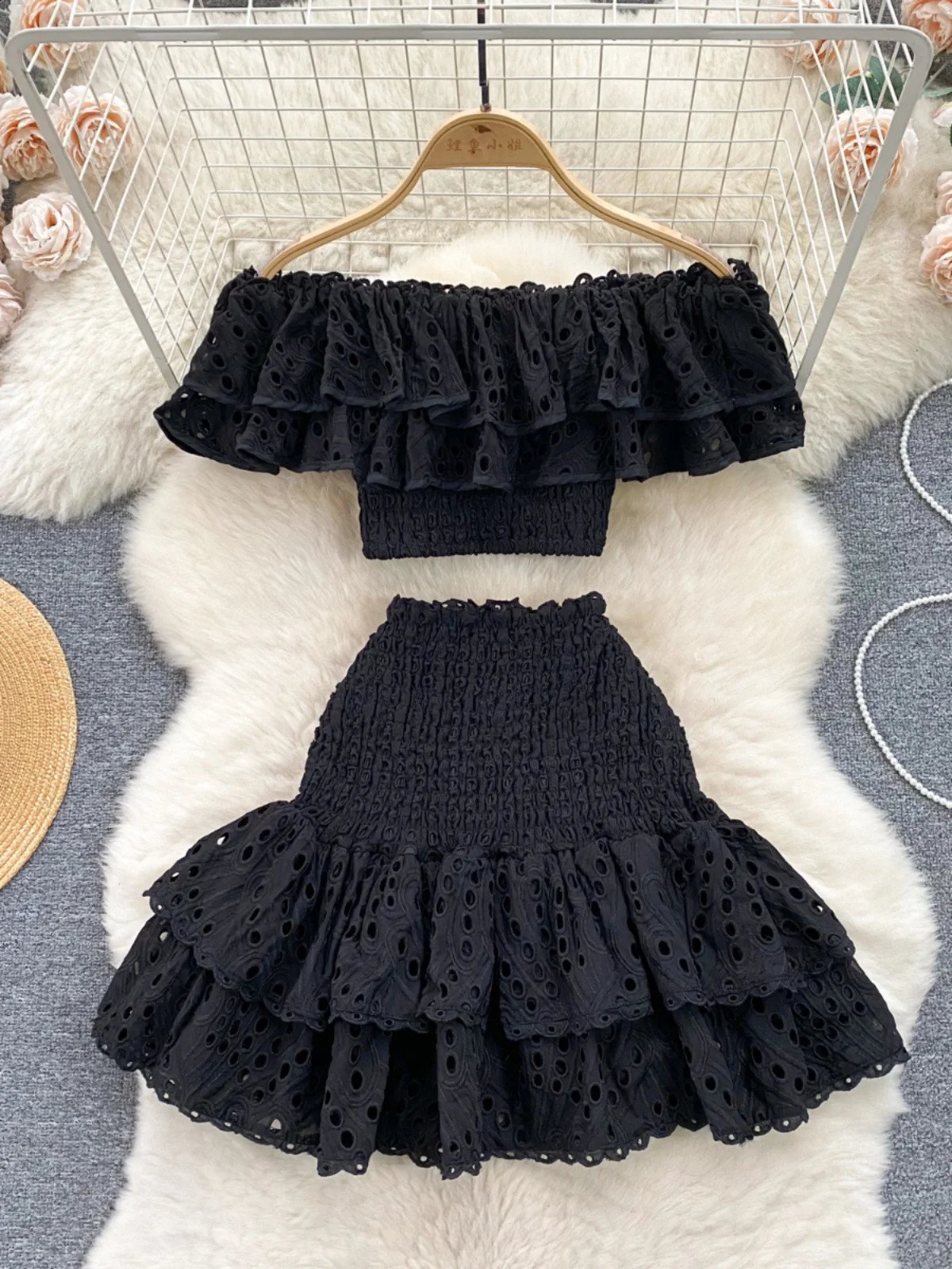 Bohemia Holiday Women Skirts Set Crochet Hollow Out Off-shoulder Tops A-line Mini Skirt Two Piece Sets Womens Outifits Dropship 240810