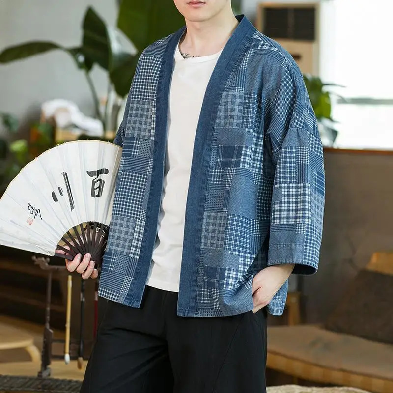 Mens plus size Japanese cardigan shirt with blue print plain half sleeved samurai kimono Yukata loose casual beach Haori robe 4XL 5XL 240814