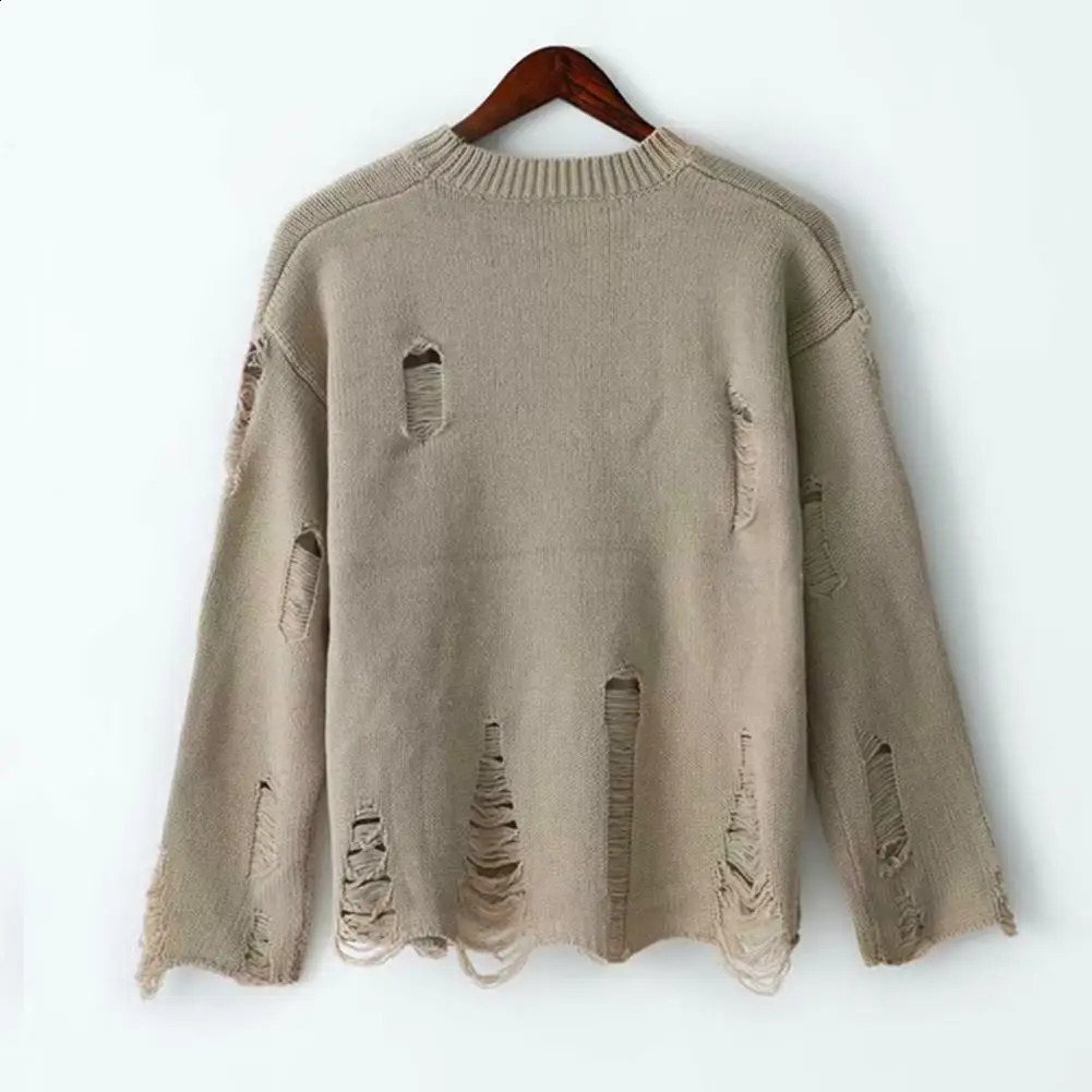 Men Wash Hole Ripped Knit Sweaters Solid Color Ripped O Neck Oversized Couple Sweater Winter Cool Mens Clothes Streetwear 240829