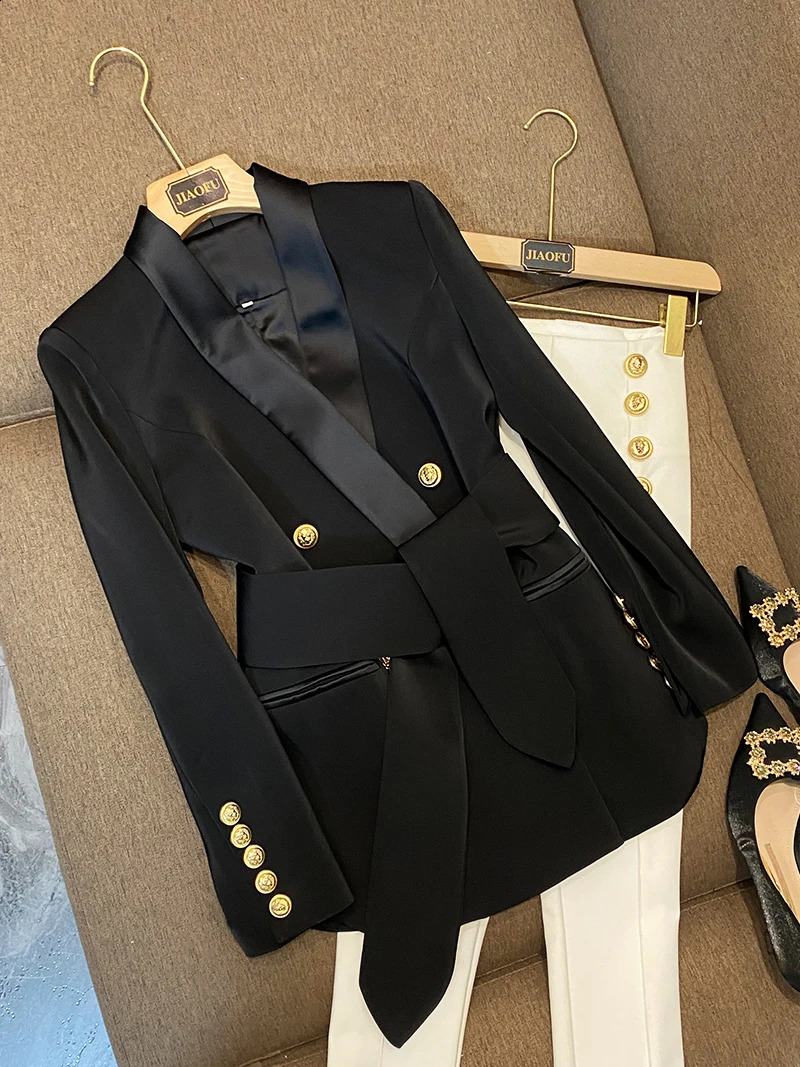 Arrival European Style Quality Women Coat Shawl Collar Double-breasted Office Lady Solid Blazer With Belt 240813