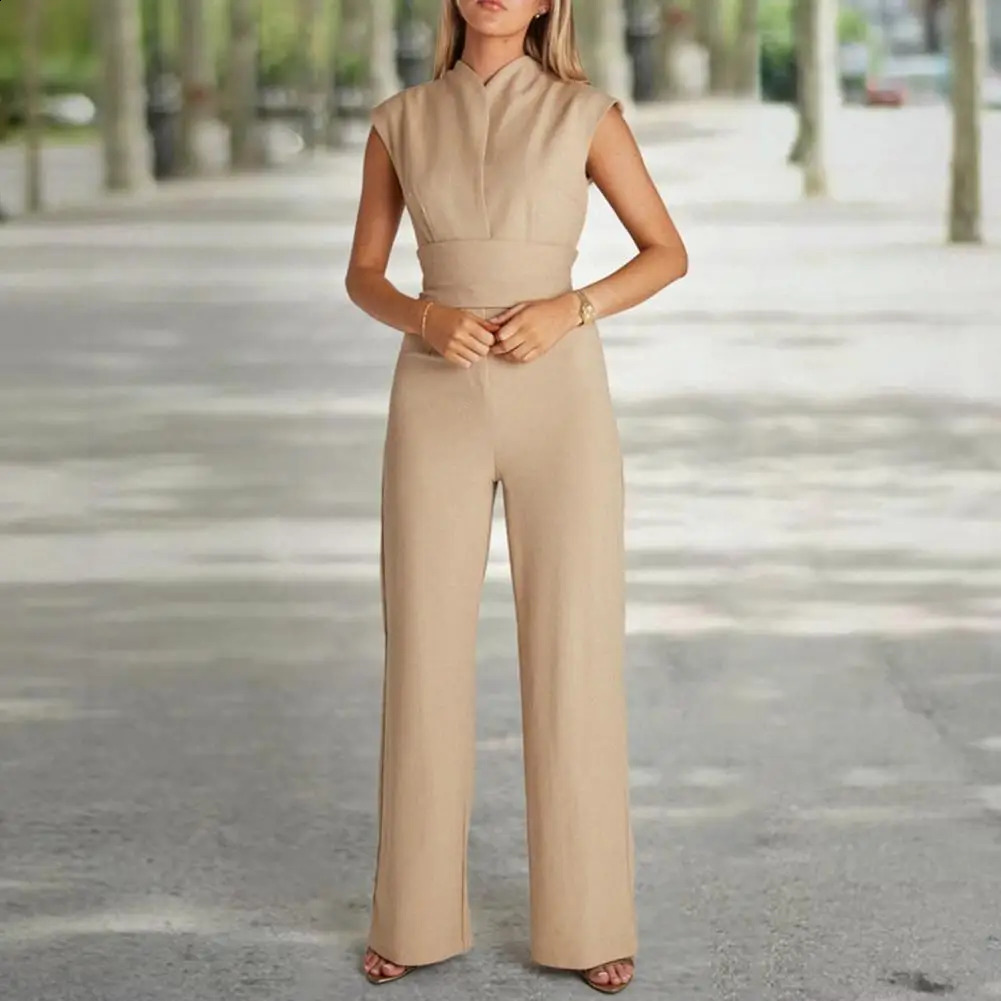 Summer Jumpsuit High Waist Belt Straight Wide Leg Solid Color Office Lady Long Romper Workwear 240813