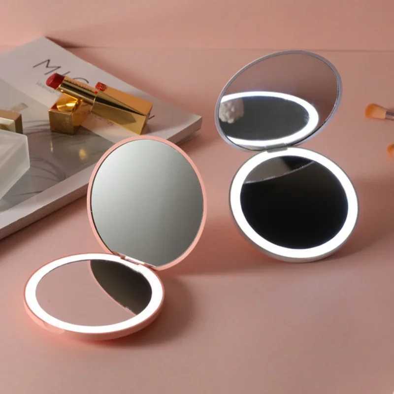 Mini LED illuminated makeup mirror round portable foldable compact mirror with light USB handheld makeup magnifying glass W240813