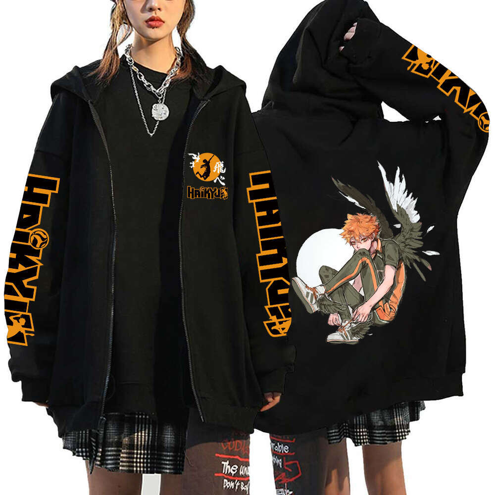 Men Women Anime Hoodie Haikyuu Zip Up Jacket Karasuno High School Plus Size Sweatshirt Haruku Unisex Autumn Warm Streetwear
