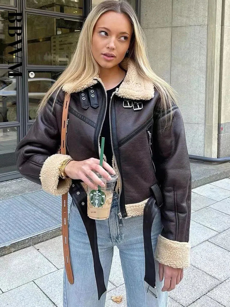 TARF Womans Fashion Thick Warm Faux Shearling Jacket Coat Vintage Long Sleeve Belt Hem Female Outerwear Chic Tops 240813