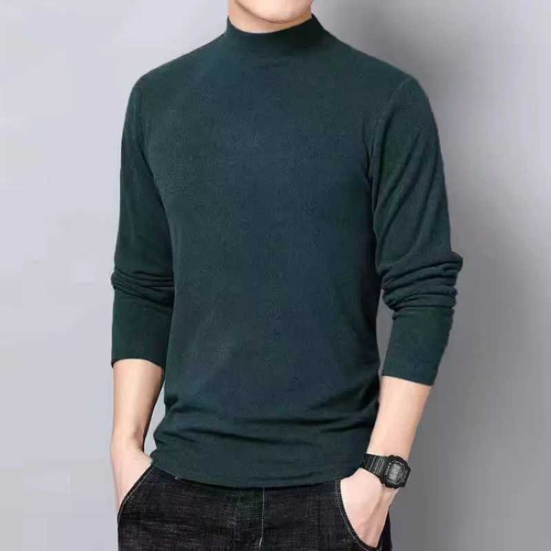 Autumn Winter Men Warm T-shirt New Double Sided Fleece Half High Collar Long Sleeve Casual Solid Elastic Male Clothing Basic TopM240814