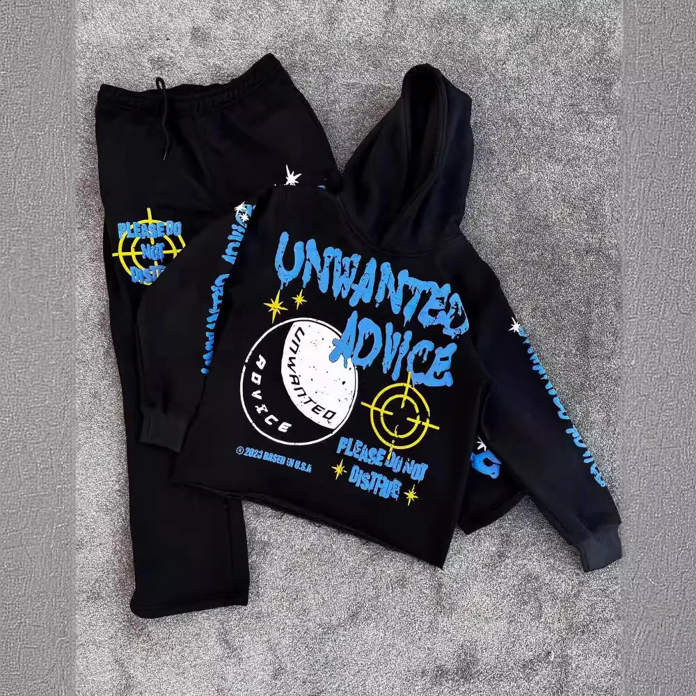 Y2k Long Sleeved Foam Printed Pullover Hoodie Sweatshirt And Pants Two Piece Streetwear Trendy Wear Dark Vintage Casual 240814