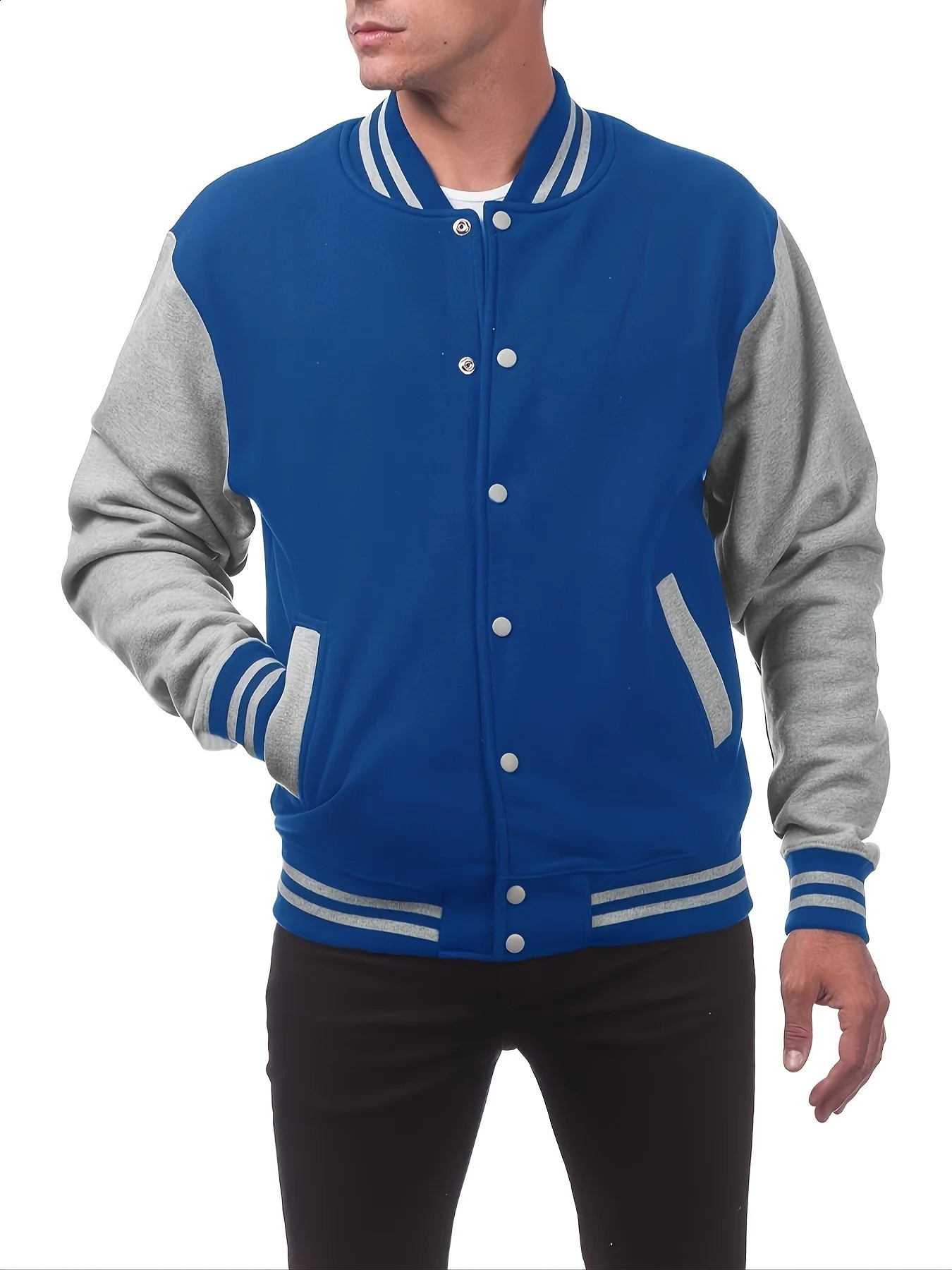Mens Long Sleeve Solid Color Baseball Collar Knit Jacket Pocket Stretchy Fabric Perfect for Casual Outdoor Sports Varsity Events 240712