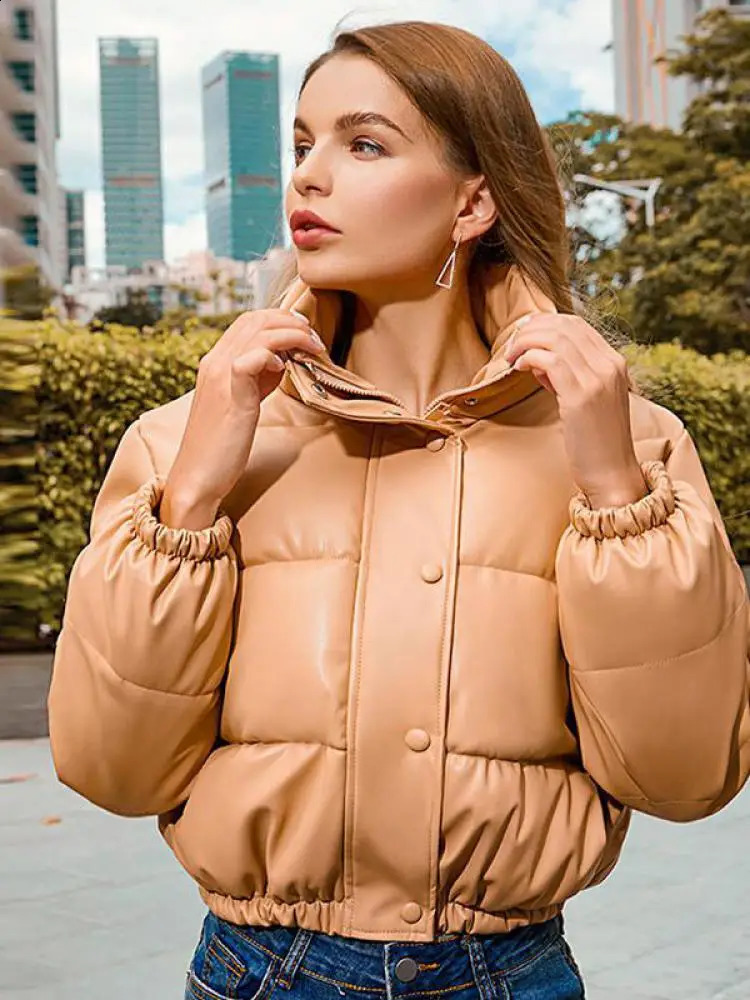 Winter Warm Thick PU Leather Coats Women Short Parkas Fashion Black Cotton Padded Lady Down Jacket Elegant Zipper Clothes 2024 240813