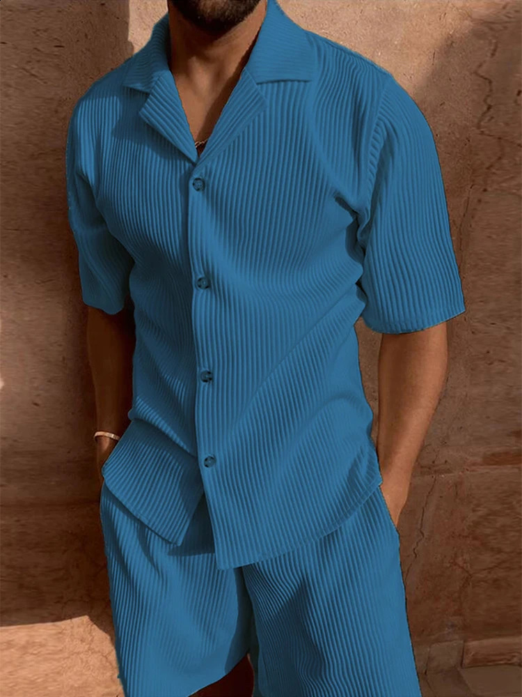 Summer Casual Ribbed Outfits Mens Solid Color Short Sleeve Lapel Shirts And Shorts Corduroy Fashion Sets Men Two Piece Suits 240816