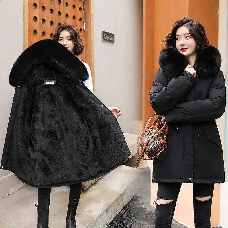 Women Parka Fashion Long Coat Plush Lining Hooded Parkas Winter Jacket Slim With Fur Collar Warm Snow Wear Padded Clothes 240813