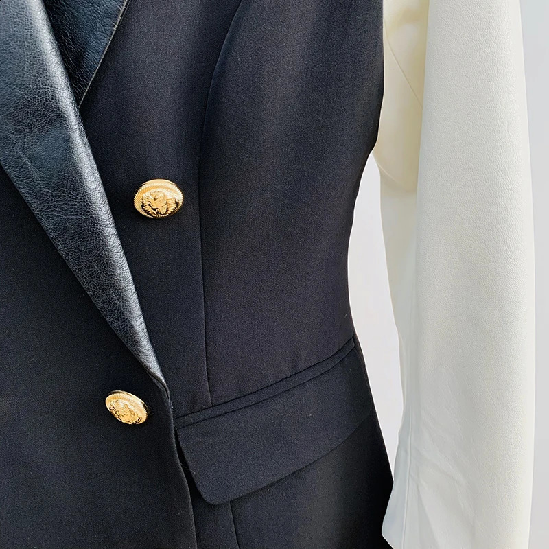 HIGH STREET Fashion 2024 Classic Varsity Jacket Womens Lion Buttons Double Breasted Leather Sleeve Patchwork Blazer 240813