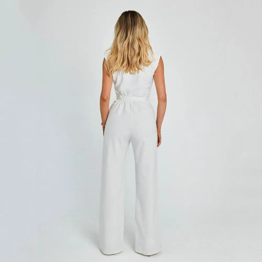 Summer Jumpsuit High Waist Belt Straight Wide Leg Solid Color Office Lady Long Romper Workwear 240813