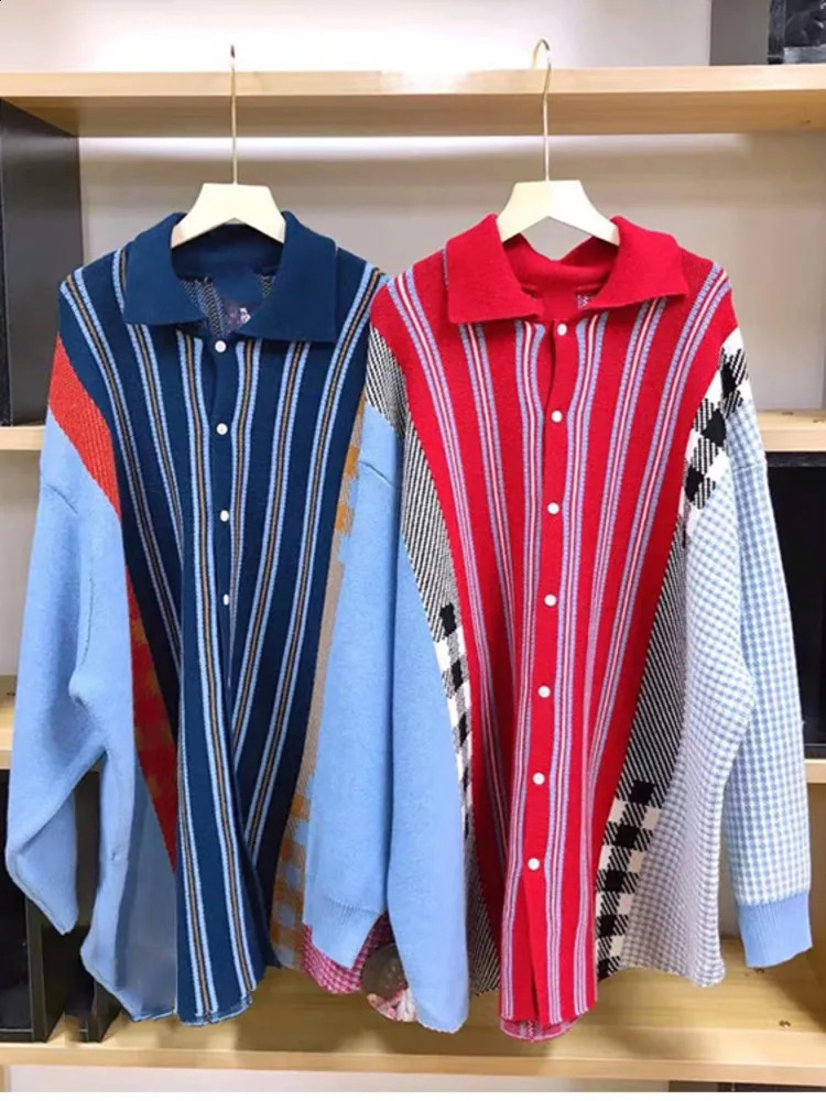 EWQ Big Size Knitted Cardigan Women 2024 Spring Korean Chic Tops Versatile Patchwork Contrast Color Plaid Sweater Coat Female 240813