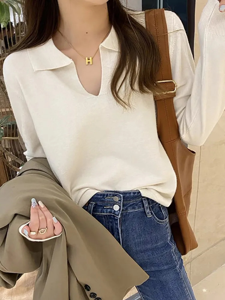 Polo neck sweater with floral long sleeved top for womens autumn and winter clothing ultra-thin knitted soft jumping street clothing simple sweater 24