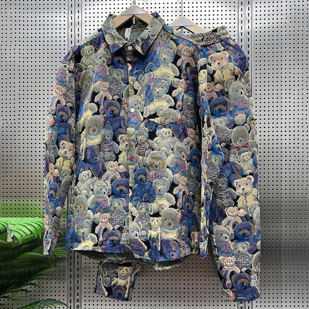 Y2k Bear Embroidery Two Piece Set Spring and Autumn Street Casual Long Sleeve Jacket Loose Long Leg Mens Trouser Set240813