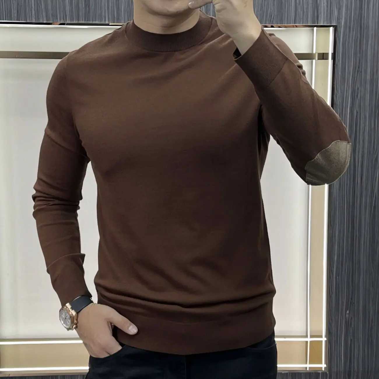 Autumn and Winter Mens New Fashion Casual Solid Color Korean Fit Round Neck Long Sleeve Comfortable Fit Versatile T-shirtM240814