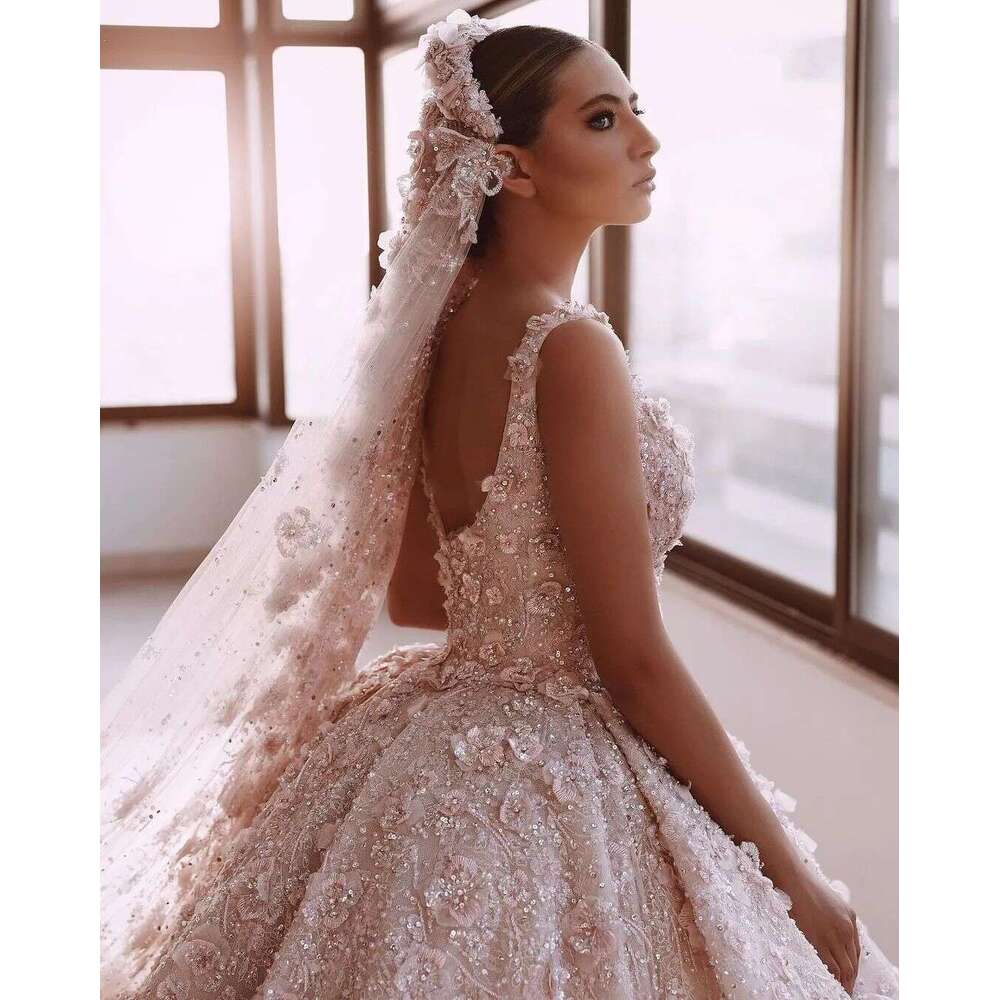 Princess Wedding Dresses Square Necke Beads Lace Appliqued Bridal Gowns Custom Made Sweep Train Ball Gown Robe De Mariee