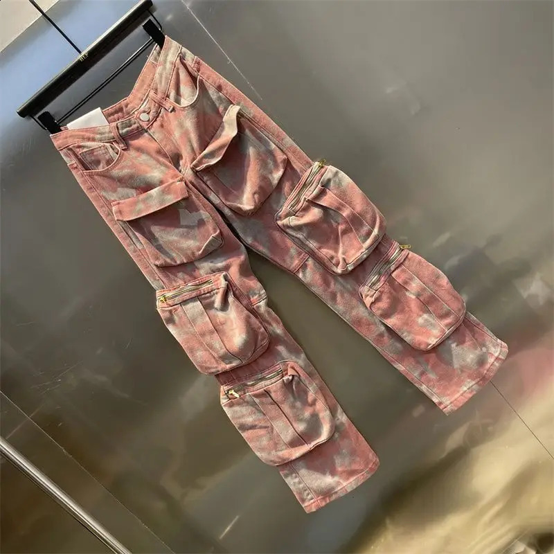 Retro Pink Camouflage Pants Punk Harajuku Baggy Jeans Multi Pocket tie Overalls Trousers Hip Hop Fashion Leisure Streetwear 240814