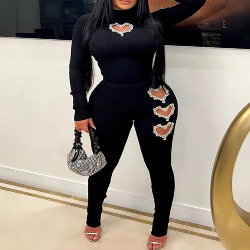 Two Piece Set Women Outfit Spring Fashion Hollow Heart Rhinestone Mock Neck Long Sleeve Top Casual High Waist Skinny Pants Set 240813