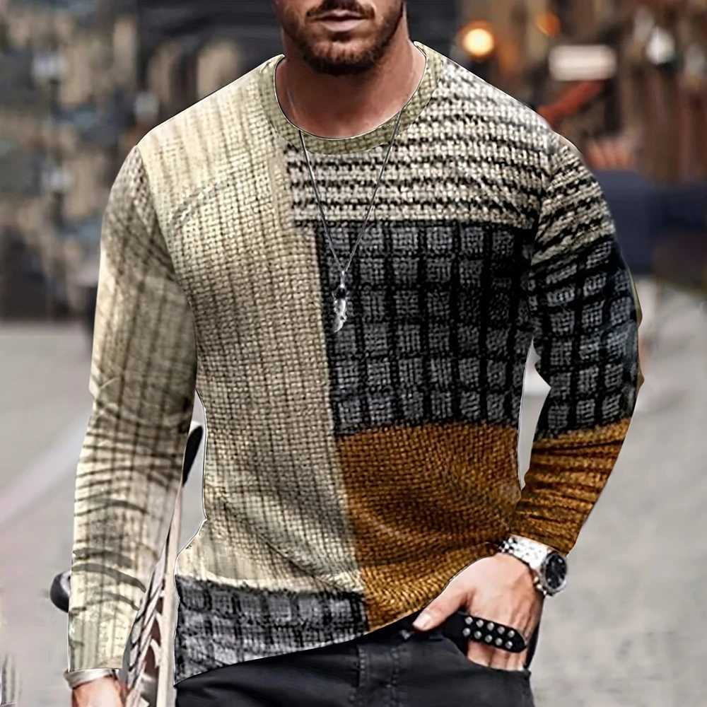 Color Blocking Three Dimensional Printing Men Fall and Winter Loose Round Neck Longsleeved Casual Shirt Oversized Retro ClothingM240814