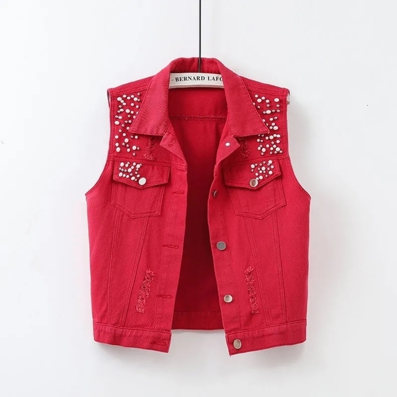 Colorful Denim Jacket Waistcoat Womens Spring Summer Slim Hole Beaded Sleeveless Coat Female Short Casual Vest Outwear Tops 240813