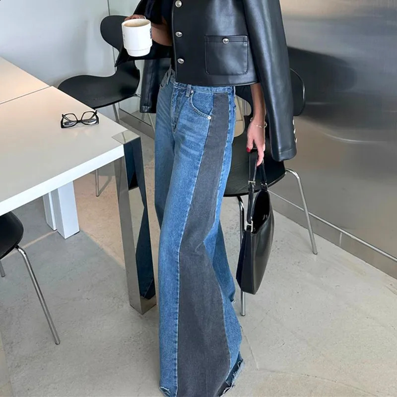 Y2K Fashion Patchwork Vintage Blue Baggy Flare Jeans Pants For Women Clothes Loose Wide Leg Denim Trousers Pantalon Femme 240813