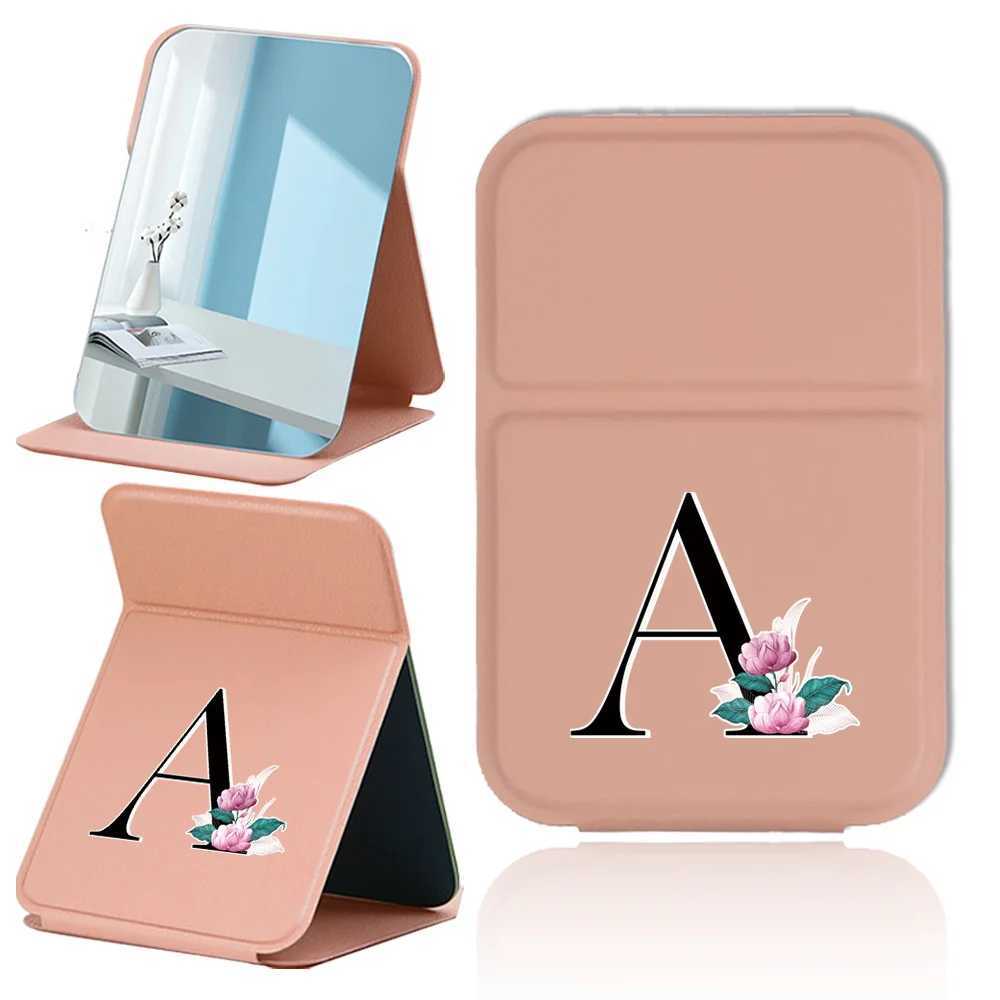 Portable folding makeup mirror wallet makeup mirror PU leather dustproof makeup mirror white marble letter pattern W240813