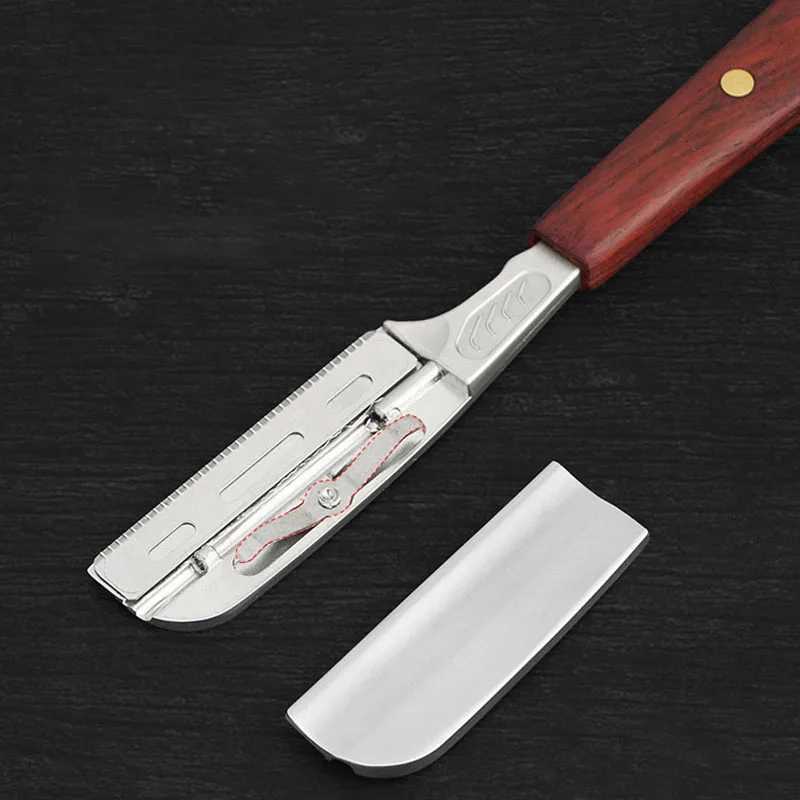 Classic Beard Shaving Straight Manual Razor Replaceable Metal Blade Wood Handle Hair Cutting Razor Holder For BeautyM240814