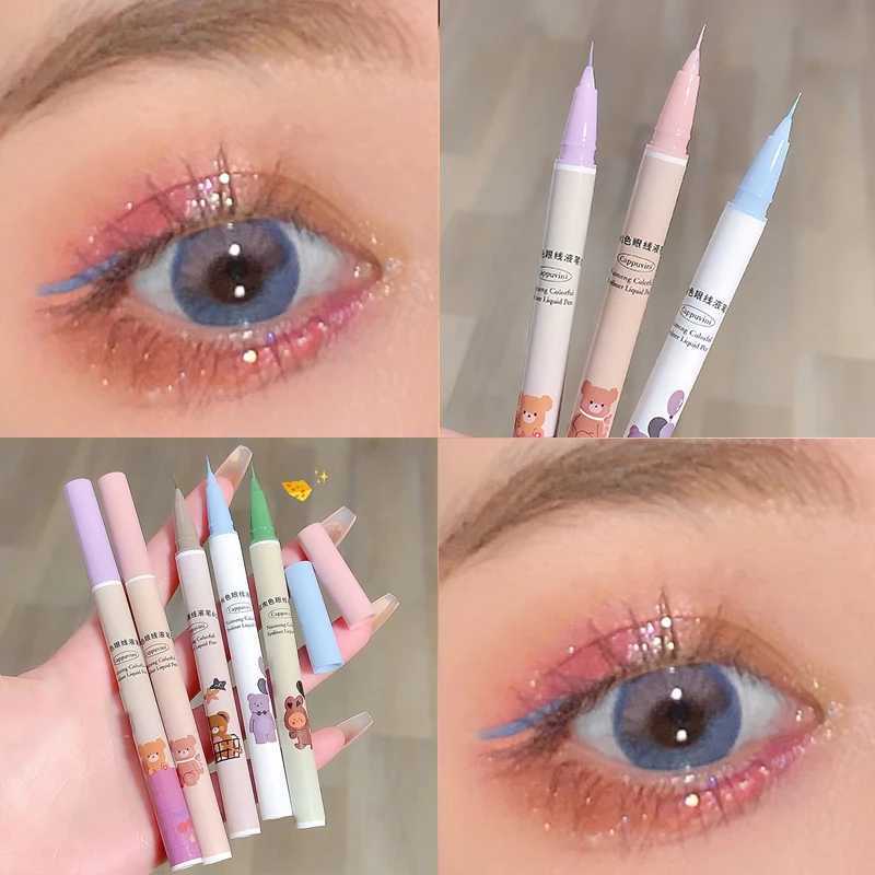 Cute Bear Liquid Eyeliner Lying Silkworm Eyelash Pen Matte White Pink Ultra-fine Color Eye Liner Pen Waterproof Eyes Makeup Pen Y240813