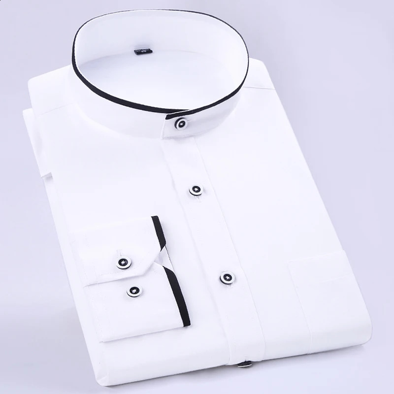 Mens Color Matching Long Sleeve Mandarin Collar Shirt Patch Chest Pocket Regular-fit Dress Shirts For Business Activities 240814