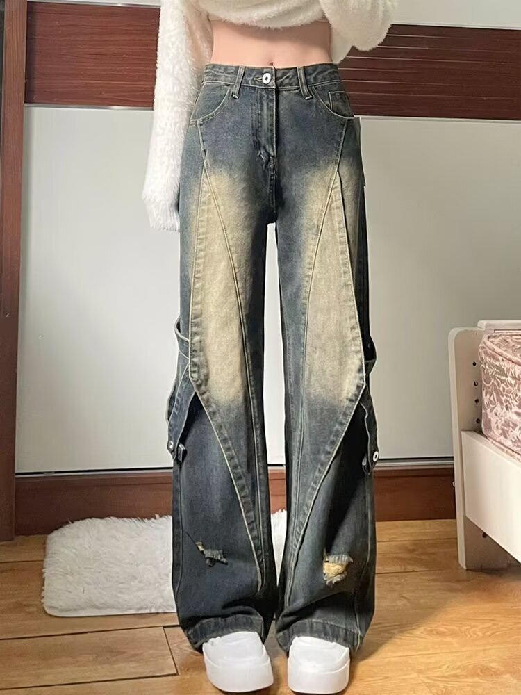 Washed distressed jeans, trendy hip-hop men's niche design, straight leg pants, American high street style