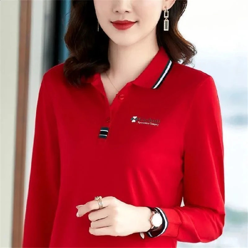 Womens clothing autumn fashion letter contrasting color polo shirt casual long sleeved ultra-thin sports T-shirt womens Y2K button top 240827