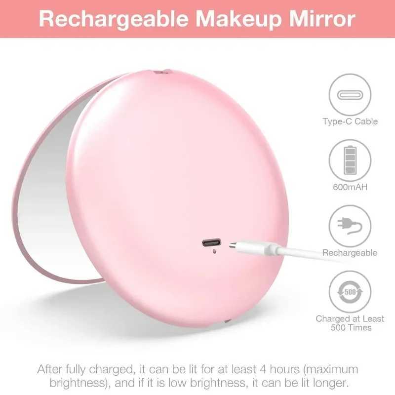 Mini portable folding travel bag makeup mirror with LED light round handheld compact 10X magnifying pink black makeup mirror W240813