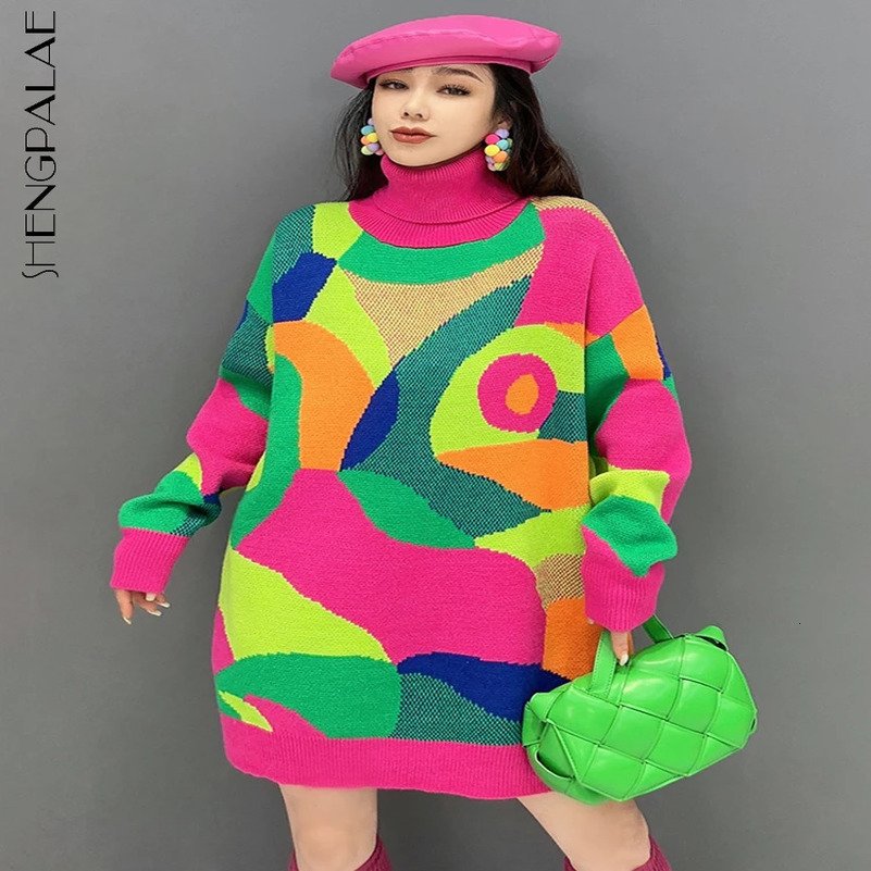 SHENGPALAE Temperament Turtleneck Sweater For Women Autumn 2024 Contrast Color Full Sleeve Loose Knit Pullover Female 5R7665 240813