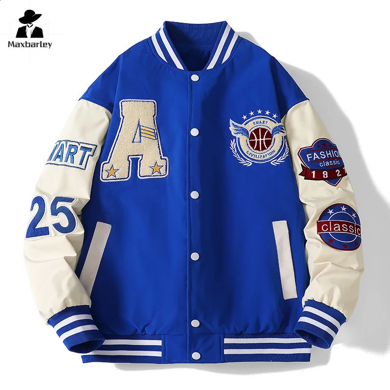 Campus Baseball Jacket Mens Autumn Hiphop Harajuku Stitching Letter Embroidered Motorcycle Loose Couple Windproof Coat 240712