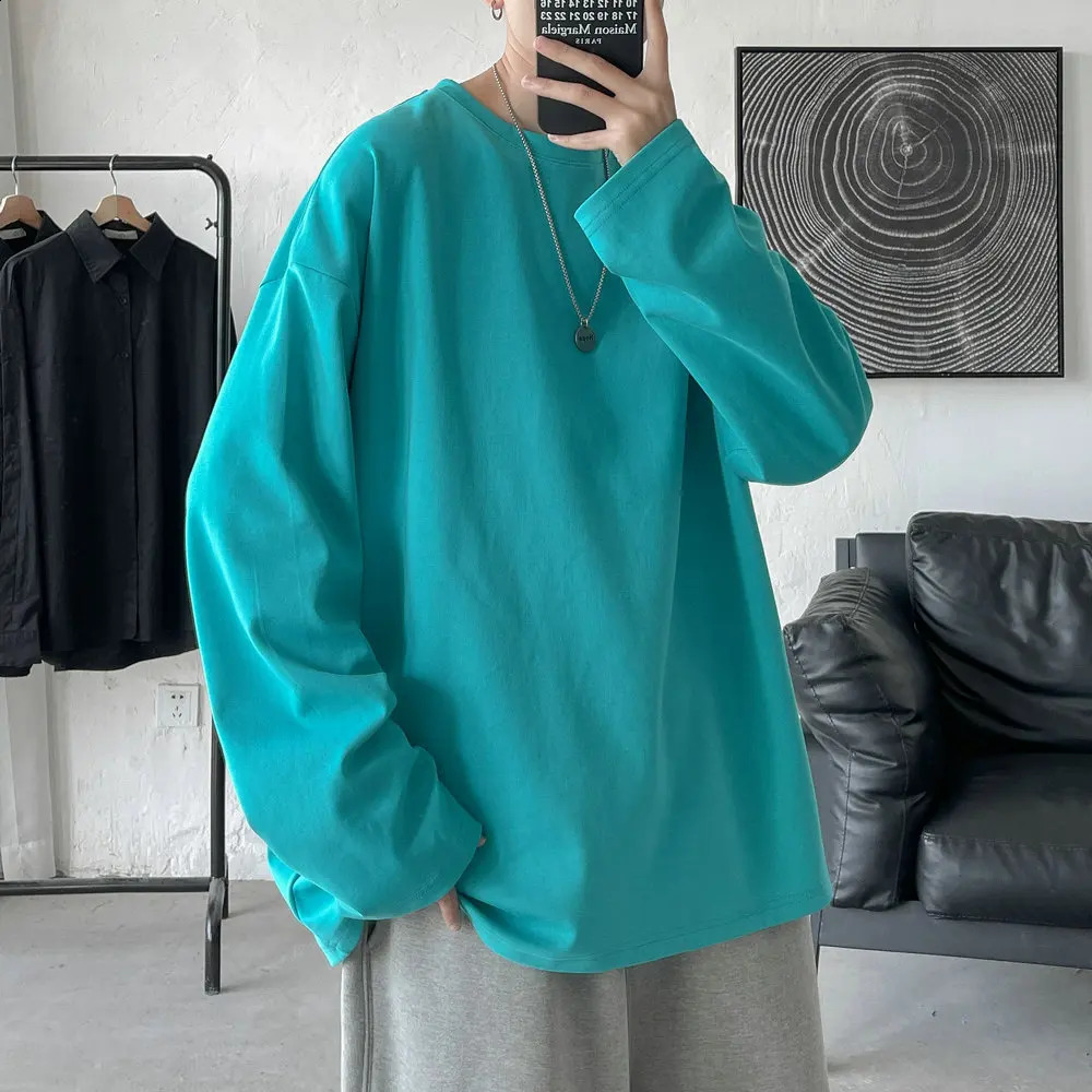 Long Sleeve Casual Solid Color Cotton T Shirt For Men Spring Autumn O-neck Oversized Mens T-shirt 240814