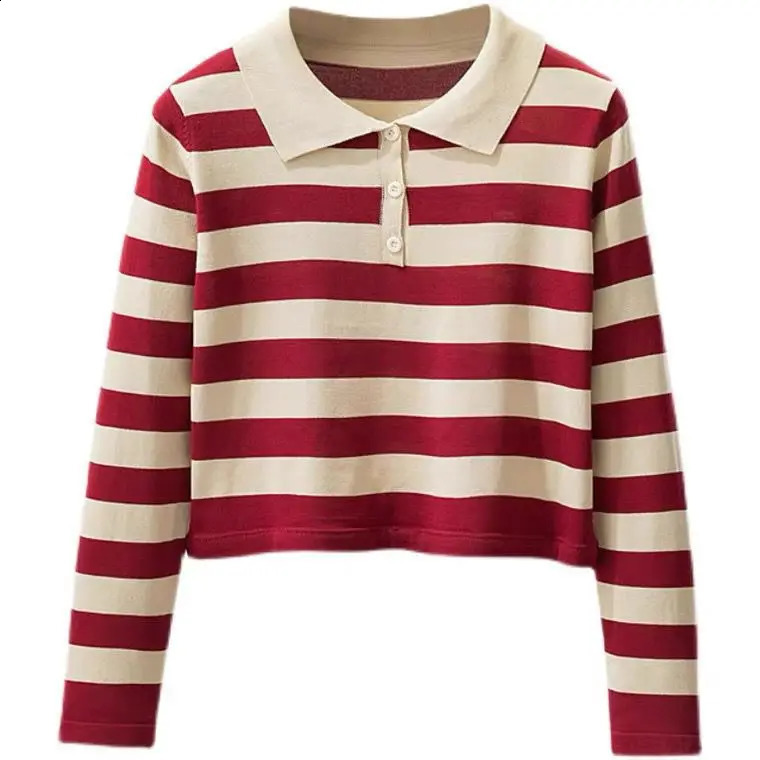 Striped Womens Knitted Polo T-shirt Long Sleeve Young Elegant Style High Quality Fashion Knitted Top Classic Blue 240827